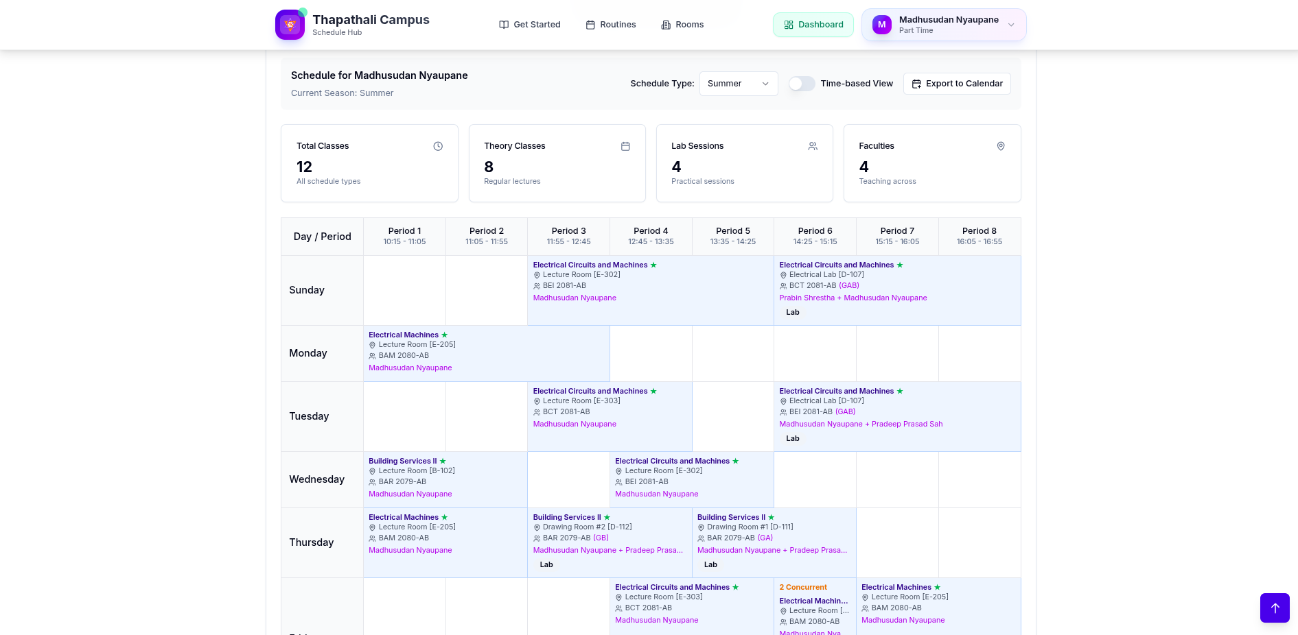Teacher dashboard weekly schedule